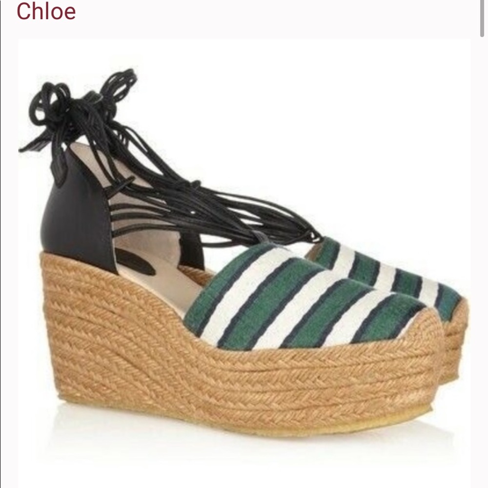 Chloe Striped Woven Green Black Espadrille 37 US 7